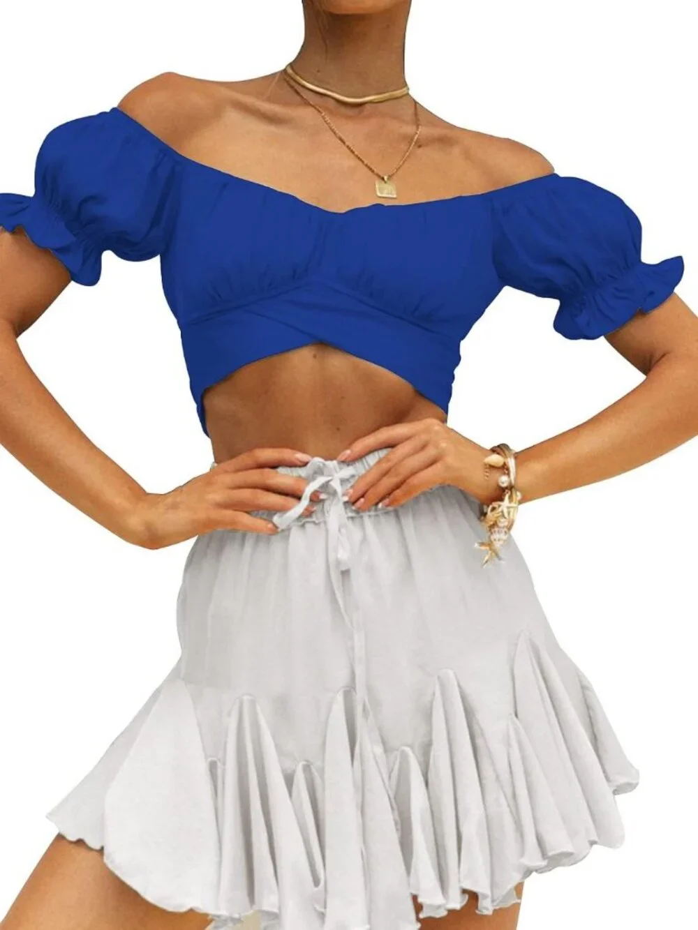 Cute Y2K Puff Sleeve Crop Top | Summer Ruffle Off-Shoulder Blouse with Tie Back
